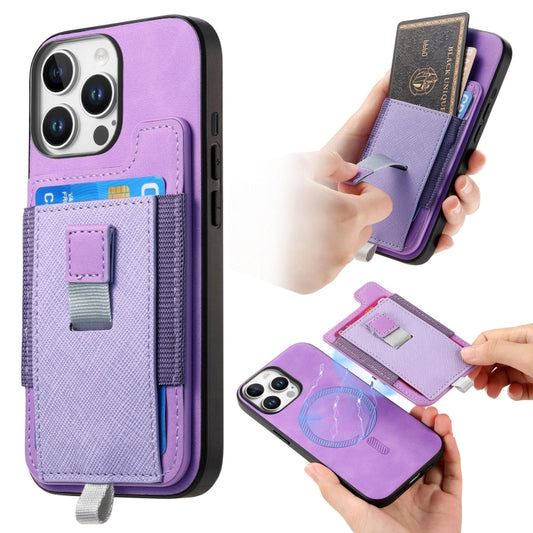 For iPhone 12 / 12 Pro Retro Magsafe Cross Leather Pull-Out Card Bag Back Phone Case(Purple) - iPhone 12 / 12 Pro Cases by buy2fix | Online Shopping UK | buy2fix