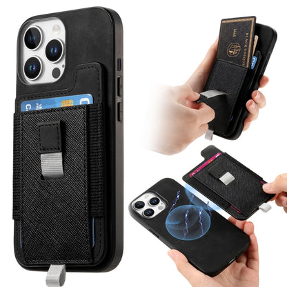 For iPhone 12 / 12 Pro Retro Magsafe Cross Leather Pull-Out Card Bag Back Phone Case(Black) - iPhone 12 / 12 Pro Cases by buy2fix | Online Shopping UK | buy2fix