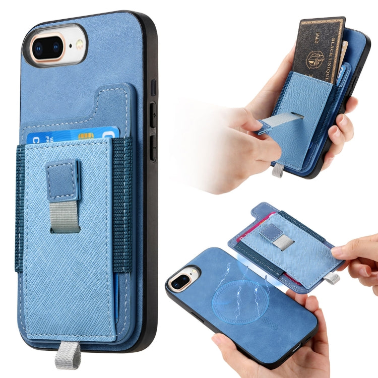 For iPhone 7 Plus / 8 Plus Retro Magsafe Cross Leather Pull-Out Card Bag Back Phone Case(Blue) - More iPhone Cases by buy2fix | Online Shopping UK | buy2fix