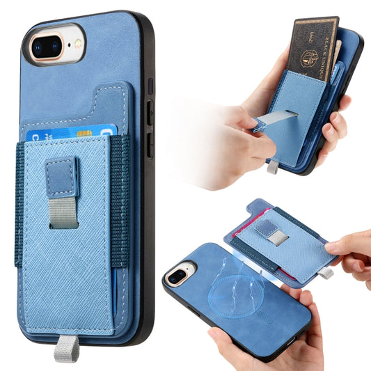 For iPhone 7 Plus / 8 Plus Retro Magsafe Cross Leather Pull-Out Card Bag Back Phone Case(Blue) - More iPhone Cases by buy2fix | Online Shopping UK | buy2fix