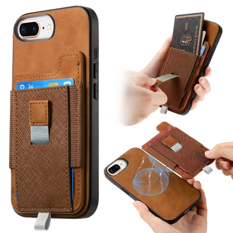 For iPhone 7 Plus / 8 Plus Retro Magsafe Cross Leather Pull-Out Card Bag Back Phone Case(Brown) - More iPhone Cases by buy2fix | Online Shopping UK | buy2fix