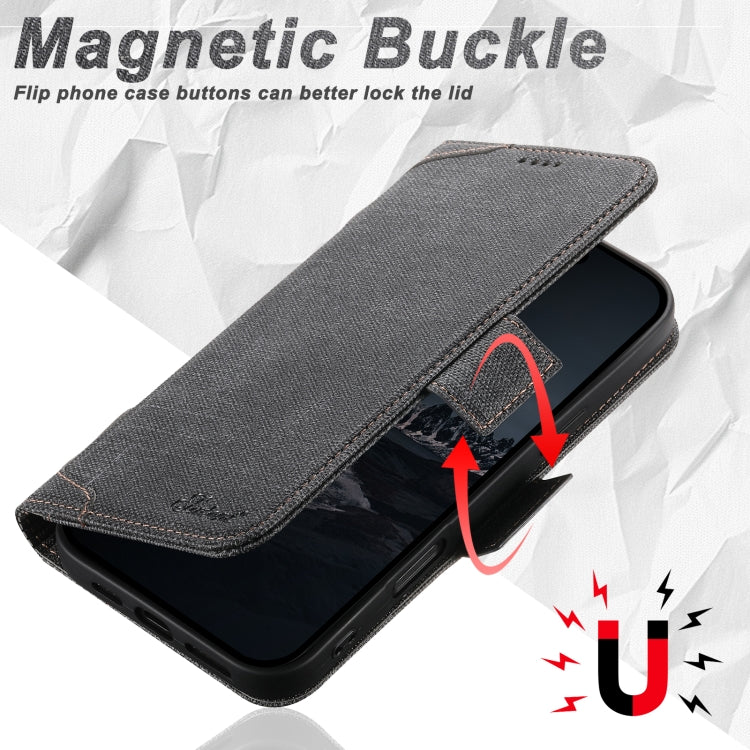 For iPhone 15 Pro Max Suteni J07 Multi-functional Horizontal MagSafe Denim Leather Phone Case(Black) - iPhone 15 Pro Max Cases by Suteni | Online Shopping UK | buy2fix
