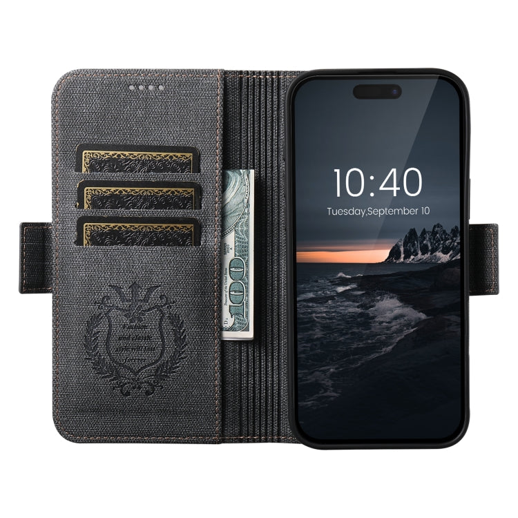 For iPhone 15 Pro Max Suteni J07 Multi-functional Horizontal MagSafe Denim Leather Phone Case(Black) - iPhone 15 Pro Max Cases by Suteni | Online Shopping UK | buy2fix