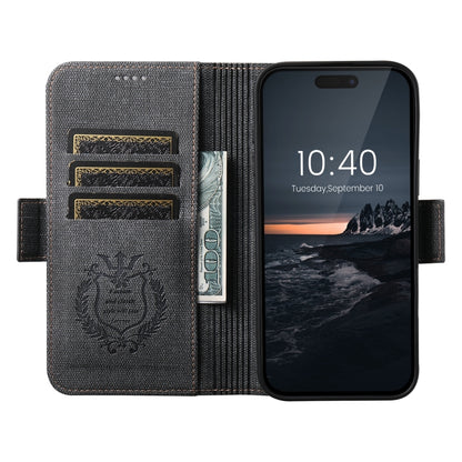 For iPhone 15 Pro Max Suteni J07 Multi-functional Horizontal MagSafe Denim Leather Phone Case(Black) - iPhone 15 Pro Max Cases by Suteni | Online Shopping UK | buy2fix
