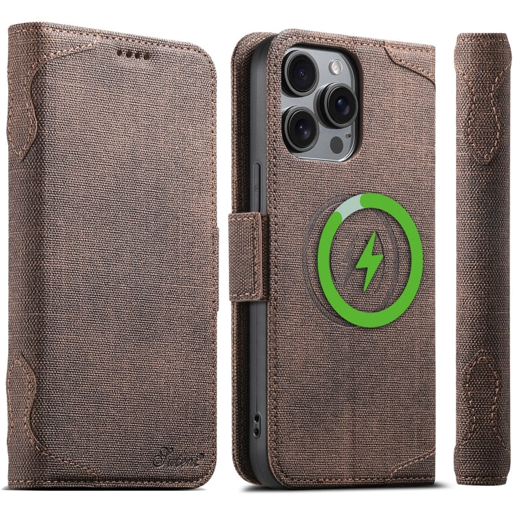 For iPhone 15 Pro Max Suteni J07 Multi-functional Horizontal MagSafe Denim Leather Phone Case(Brown) - iPhone 15 Pro Max Cases by Suteni | Online Shopping UK | buy2fix