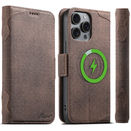 For iPhone 15 Pro Max Suteni J07 Multi-functional Horizontal MagSafe Denim Leather Phone Case(Brown) - iPhone 15 Pro Max Cases by Suteni | Online Shopping UK | buy2fix