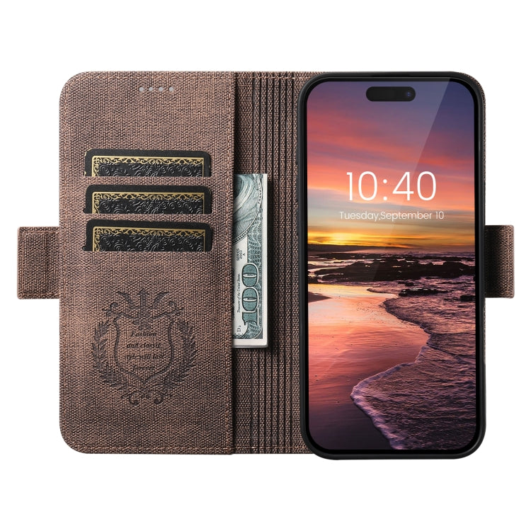 For iPhone 15 Pro Max Suteni J07 Multi-functional Horizontal MagSafe Denim Leather Phone Case(Brown) - iPhone 15 Pro Max Cases by Suteni | Online Shopping UK | buy2fix