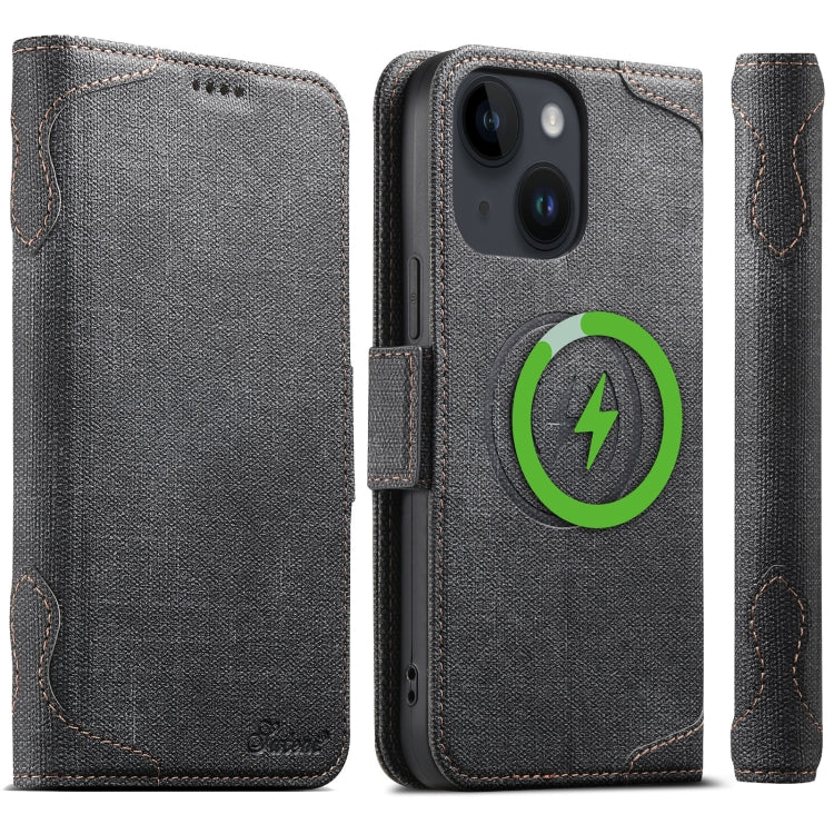 For iPhone 15 Suteni J07 Multi-functional Horizontal MagSafe Denim Leather Phone Case(Black) - iPhone 15 Cases by Suteni | Online Shopping UK | buy2fix