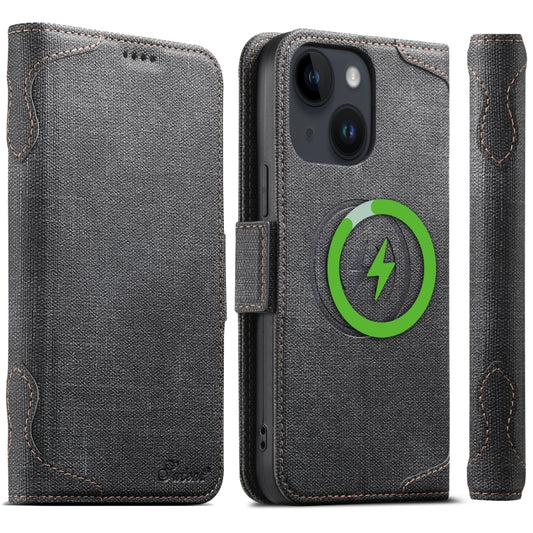 For iPhone 15 Suteni J07 Multi-functional Horizontal MagSafe Denim Leather Phone Case(Black) - iPhone 15 Cases by Suteni | Online Shopping UK | buy2fix