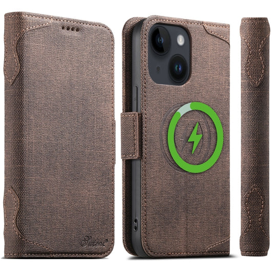 For iPhone 15 Suteni J07 Multi-functional Horizontal MagSafe Denim Leather Phone Case(Brown) - iPhone 15 Cases by Suteni | Online Shopping UK | buy2fix