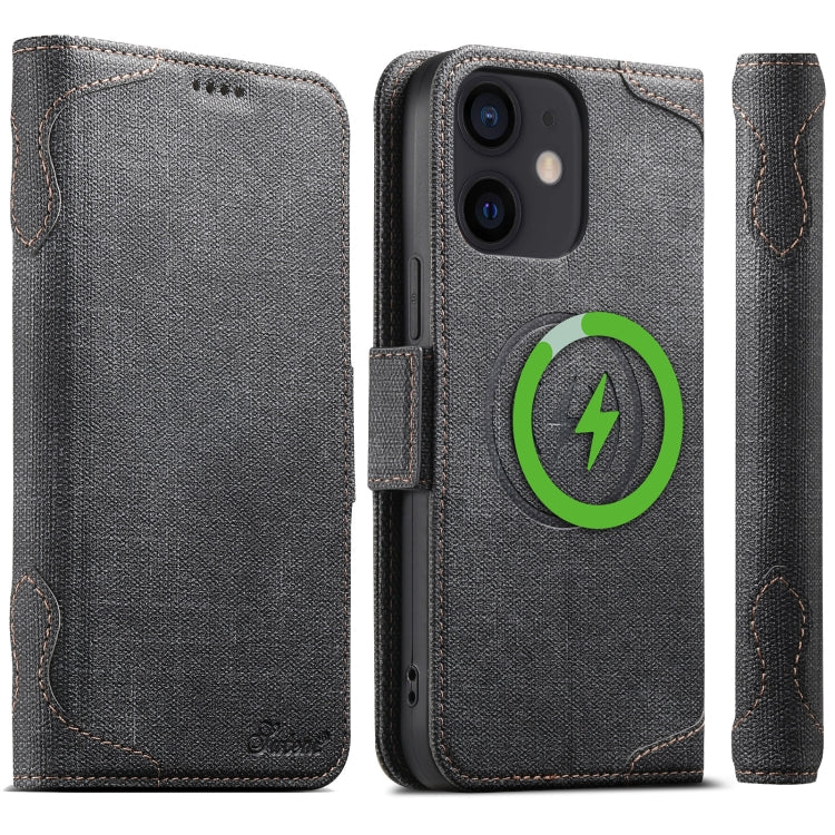 For iPhone 12 Suteni J07 Multi-functional Horizontal MagSafe Denim Leather Phone Case(Black) - iPhone 12 / 12 Pro Cases by Suteni | Online Shopping UK | buy2fix