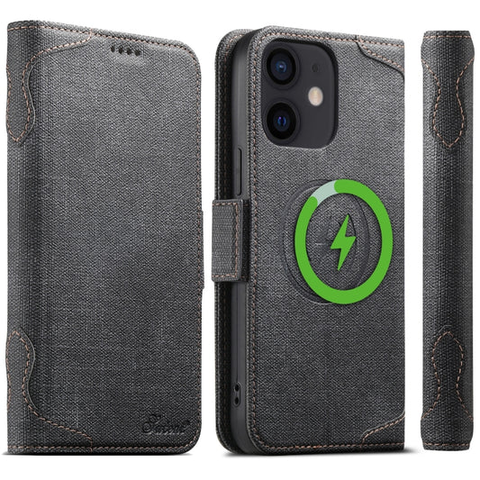 For iPhone 12 Suteni J07 Multi-functional Horizontal MagSafe Denim Leather Phone Case(Black) - iPhone 12 / 12 Pro Cases by Suteni | Online Shopping UK | buy2fix