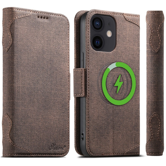 For iPhone 12 Suteni J07 Multi-functional Horizontal MagSafe Denim Leather Phone Case(Brown) - iPhone 12 / 12 Pro Cases by Suteni | Online Shopping UK | buy2fix