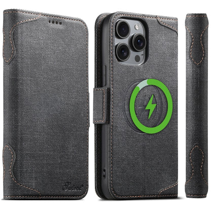 For iPhone 12 Pro Max Suteni J07 Multi-functional Horizontal MagSafe Denim Leather Phone Case(Black) - iPhone 12 Pro Max Cases by Suteni | Online Shopping UK | buy2fix