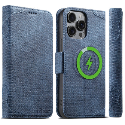 For iPhone 12 Pro Max Suteni J07 Multi-functional Horizontal MagSafe Denim Leather Phone Case(Blue) - iPhone 12 Pro Max Cases by Suteni | Online Shopping UK | buy2fix