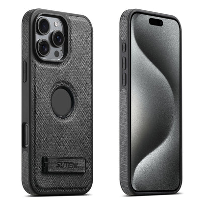 For iPhone 15 Pro Suteni G2 Holder Denim Leather Back MagSafe Phone Case(Black) - iPhone 15 Pro Cases by Suteni | Online Shopping UK | buy2fix