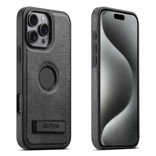 For iPhone 15 Pro Suteni G2 Holder Denim Leather Back MagSafe Phone Case(Black) - iPhone 15 Pro Cases by Suteni | Online Shopping UK | buy2fix