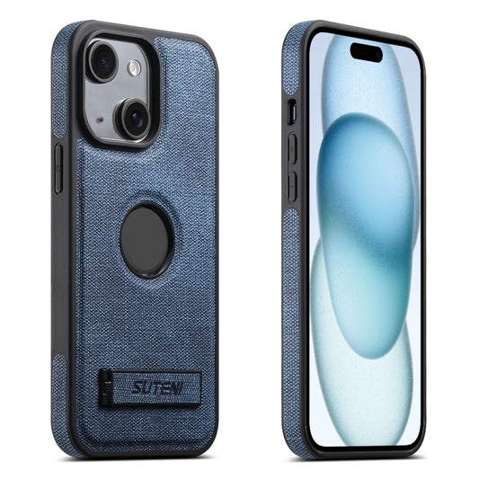 For iPhone 15 Suteni G2 Holder Denim Leather Back MagSafe Phone Case(Blue) - iPhone 15 Cases by Suteni | Online Shopping UK | buy2fix