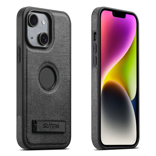 For iPhone 14 Plus Suteni G2 Holder Denim Leather Back MagSafe Phone Case(Black) - iPhone 14 Plus Cases by Suteni | Online Shopping UK | buy2fix