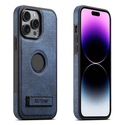 For iPhone 14 Pro Suteni G2 Holder Denim Leather Back MagSafe Phone Case(Blue) - iPhone 14 Pro Cases by Suteni | Online Shopping UK | buy2fix