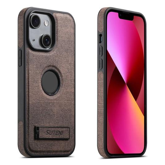 For iPhone 13 Suteni G2 Holder Denim Leather Back MagSafe Phone Case(Brown) - iPhone 13 Cases by Suteni | Online Shopping UK | buy2fix