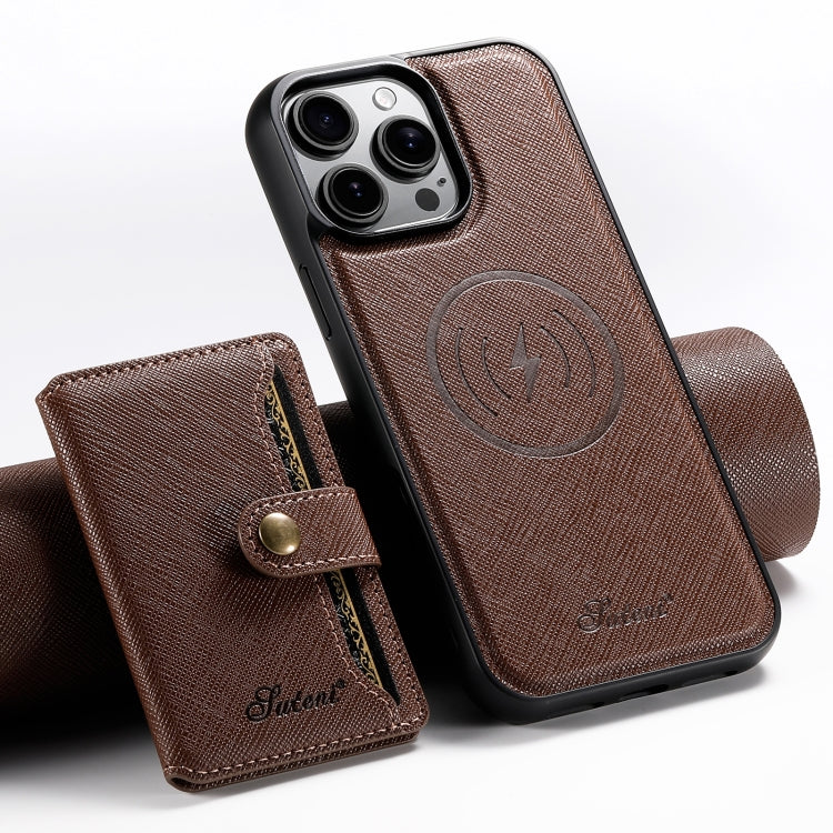For iPhone 15 Pro Max Suteni H20 Cross-Grain MagSafe Horizontal Card Bag Back Phone Case(Brown) - iPhone 15 Pro Max Cases by Suteni | Online Shopping UK | buy2fix