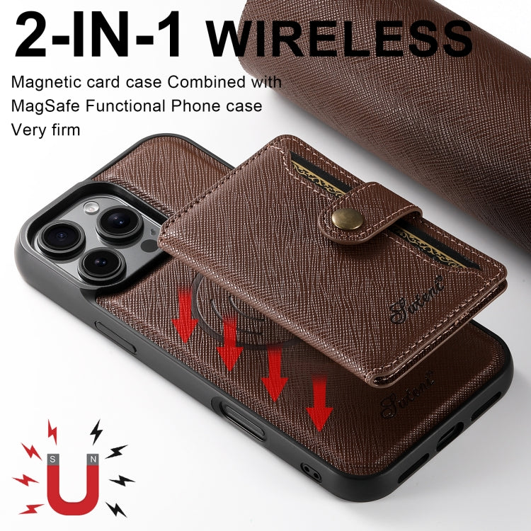 For iPhone 15 Pro Max Suteni H20 Cross-Grain MagSafe Horizontal Card Bag Back Phone Case(Brown) - iPhone 15 Pro Max Cases by Suteni | Online Shopping UK | buy2fix