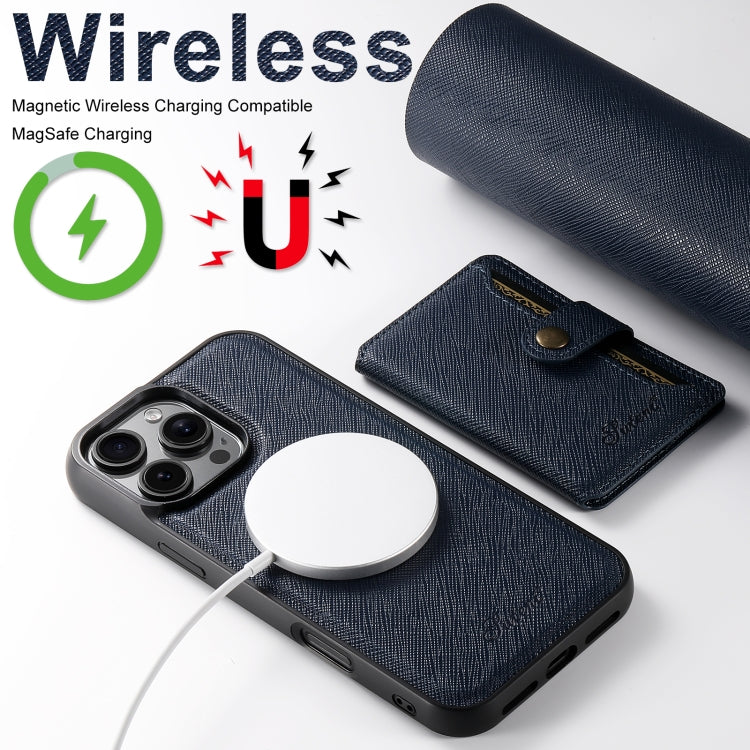 For iPhone 15 Pro Max Suteni H20 Cross-Grain MagSafe Horizontal Card Bag Back Phone Case(Blue) - iPhone 15 Pro Max Cases by Suteni | Online Shopping UK | buy2fix