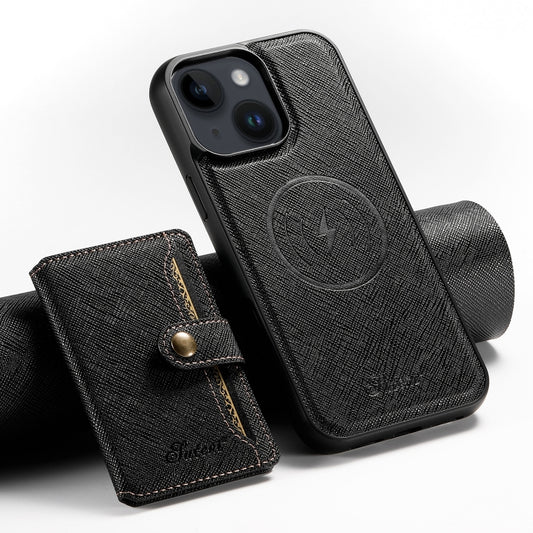 For iPhone 15 Suteni H20 Cross-Grain MagSafe Horizontal Card Bag Back Phone Case(Black) - iPhone 15 Cases by Suteni | Online Shopping UK | buy2fix
