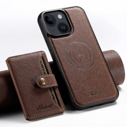 For iPhone 15 Suteni H20 Cross-Grain MagSafe Horizontal Card Bag Back Phone Case(Brown) - iPhone 15 Cases by Suteni | Online Shopping UK | buy2fix