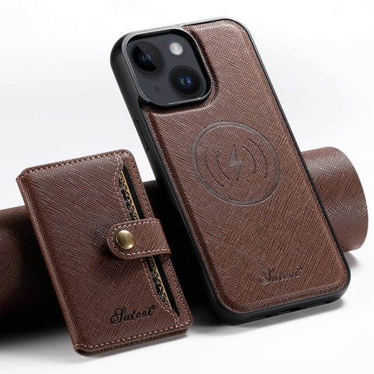 For iPhone 15 Suteni H20 Cross-Grain MagSafe Horizontal Card Bag Back Phone Case(Brown) - iPhone 15 Cases by Suteni | Online Shopping UK | buy2fix