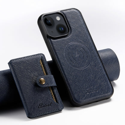 For iPhone 15 Suteni H20 Cross-Grain MagSafe Horizontal Card Bag Back Phone Case(Blue) - iPhone 15 Cases by Suteni | Online Shopping UK | buy2fix