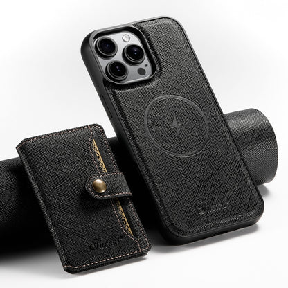 For iPhone 13 Pro Suteni H20 Cross-Grain MagSafe Horizontal Card Bag Back Phone Case(Black) - iPhone 16 Pro Cases by Suteni | Online Shopping UK | buy2fix