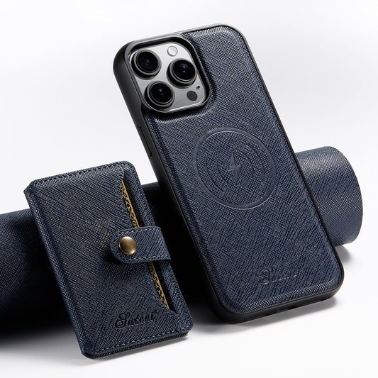 For iPhone 13 Pro Suteni H20 Cross-Grain MagSafe Horizontal Card Bag Back Phone Case(Blue) - iPhone 16 Pro Cases by Suteni | Online Shopping UK | buy2fix