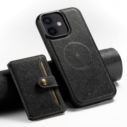 For iPhone 12 Suteni H20 Cross-Grain MagSafe Horizontal Card Bag Back Phone Case(Black) - iPhone 12 / 12 Pro Cases by Suteni | Online Shopping UK | buy2fix