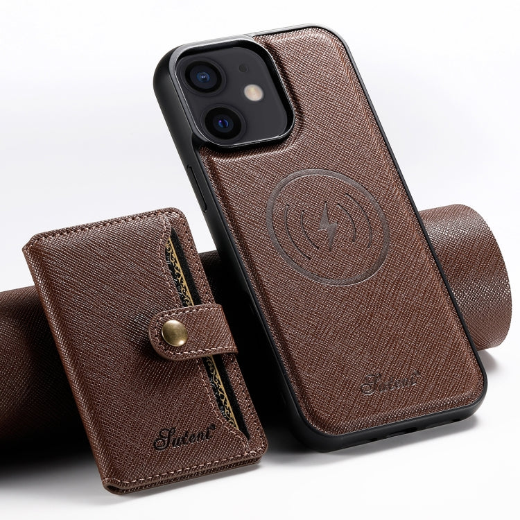 For iPhone 12 Suteni H20 Cross-Grain MagSafe Horizontal Card Bag Back Phone Case(Brown) - iPhone 12 / 12 Pro Cases by Suteni | Online Shopping UK | buy2fix