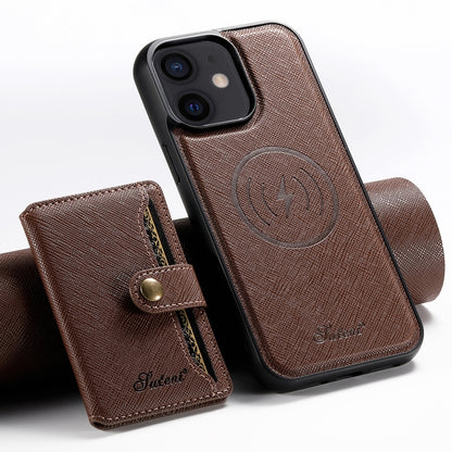 For iPhone 12 Suteni H20 Cross-Grain MagSafe Horizontal Card Bag Back Phone Case(Brown) - iPhone 12 / 12 Pro Cases by Suteni | Online Shopping UK | buy2fix