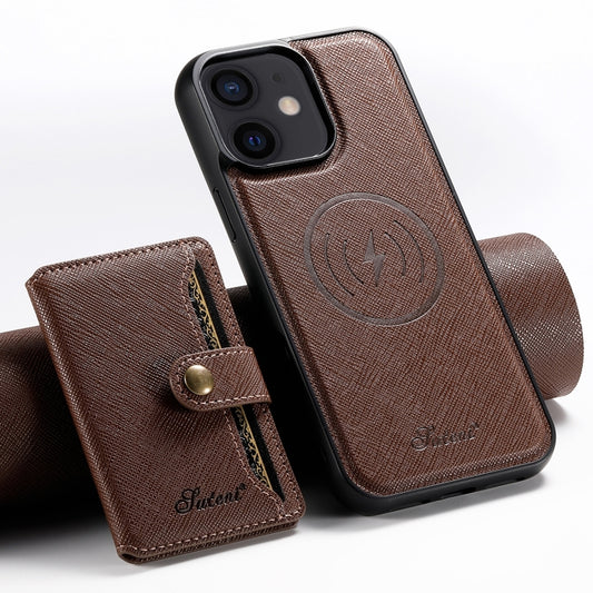 For iPhone 12 Suteni H20 Cross-Grain MagSafe Horizontal Card Bag Back Phone Case(Brown) - iPhone 12 / 12 Pro Cases by Suteni | Online Shopping UK | buy2fix