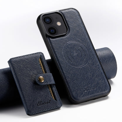 For iPhone 12 Suteni H20 Cross-Grain MagSafe Horizontal Card Bag Back Phone Case(Blue) - iPhone 12 / 12 Pro Cases by Suteni | Online Shopping UK | buy2fix