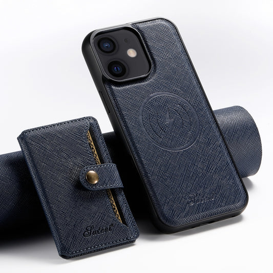 For iPhone 12 Suteni H20 Cross-Grain MagSafe Horizontal Card Bag Back Phone Case(Blue) - iPhone 12 / 12 Pro Cases by Suteni | Online Shopping UK | buy2fix