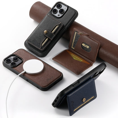 For iPhone 13 Pro Suteni H20 Cross-Grain MagSafe Horizontal Card Bag Back Phone Case(Black) - iPhone 16 Pro Cases by Suteni | Online Shopping UK | buy2fix
