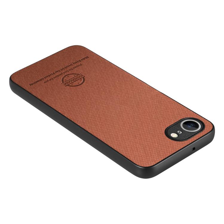 For iPhone 16e Twill Fabric Leather Skin Back Phone Case(Brown) - iPhone 16e Cases by buy2fix | Online Shopping UK | buy2fix