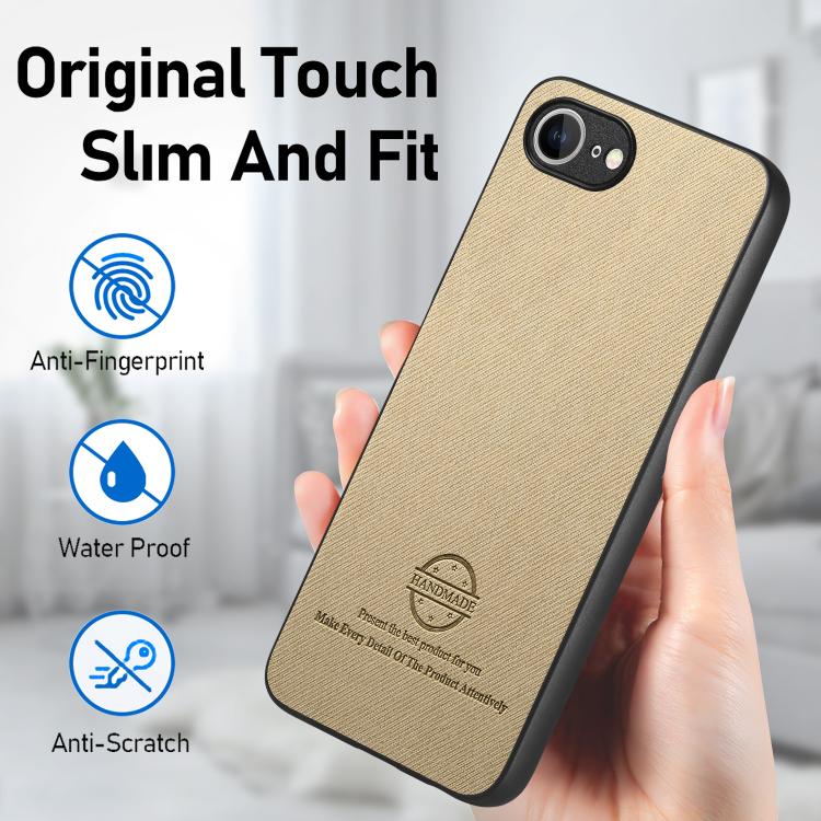 For iPhone 16e Twill Fabric Leather Skin Back Phone Case(Khaki) - iPhone 16e Cases by buy2fix | Online Shopping UK | buy2fix