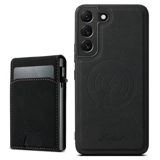 For Samsung Galaxy S23+ 5G Suteni H19 Litchi Texture 2-in-1 MagSafe Removable Card Case Back Phone Case(Black)