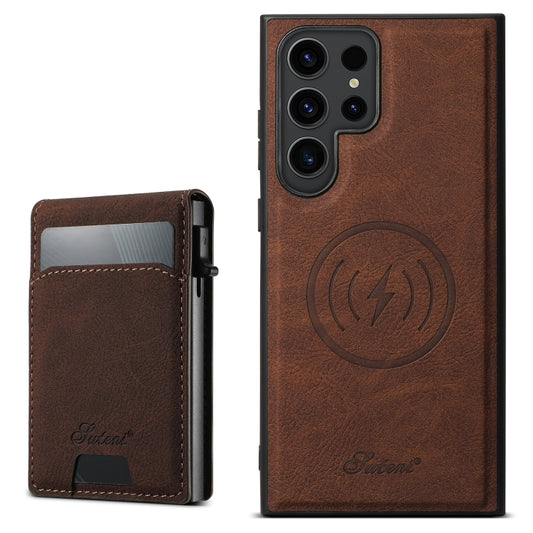 For Samsung Galaxy S22 Ultra 5G Suteni H19 Litchi Texture 2-in-1 MagSafe Removable Card Case Back Phone Case(Brown) - Galaxy S22 Ultra 5G Cases by Suteni | Online Shopping UK | buy2fix