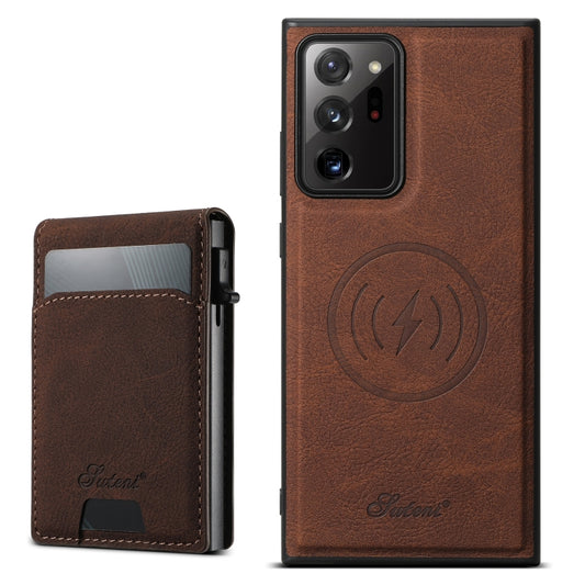 For Samsung Galaxy Note20 Ultra 5G Suteni H19 Litchi Texture 2-in-1 MagSafe Removable Card Case Back Phone Case(Brown) - Galaxy Note20 Ultra Cases by Suteni | Online Shopping UK | buy2fix