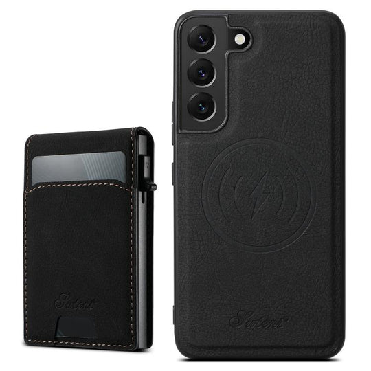 For Samsung Galaxy S25 5G Suteni H19 Litchi Texture 2-in-1 MagSafe Removable Card Case Back Phone Case(Black)