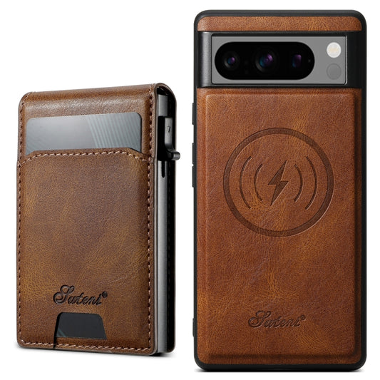For Google Pixel 8 Pro Suteni H19 Oil Wax 2-in-1 MagSafe Removable Card Box Back Phone Case(Brown) - Google Cases by Suteni | Online Shopping UK | buy2fix
