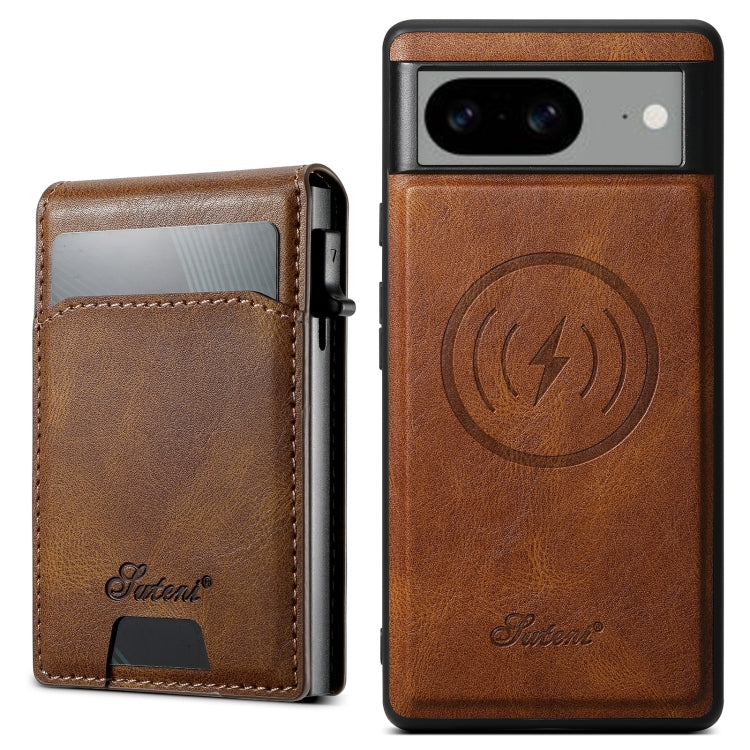For Google Pixel 8a Suteni H19 Oil Wax 2-in-1 MagSafe Removable Card Box Back Phone Case(Brown) - Google Cases by Suteni | Online Shopping UK | buy2fix