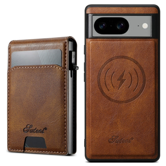 For Google Pixel 8a Suteni H19 Oil Wax 2-in-1 MagSafe Removable Card Box Back Phone Case(Brown) - Google Cases by Suteni | Online Shopping UK | buy2fix